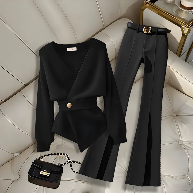 2025秋冬新款高端洋气收腰显瘦时尚百搭毛衣休闲喇叭长裤子套装女