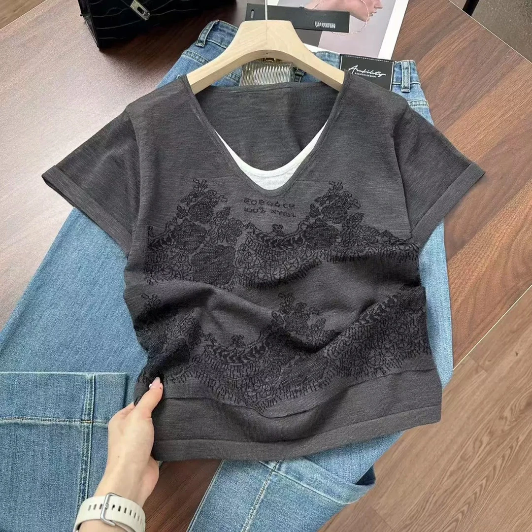 3304【气质假两件提花针织衫】韩系简约短袖女春款百搭休闲小衫