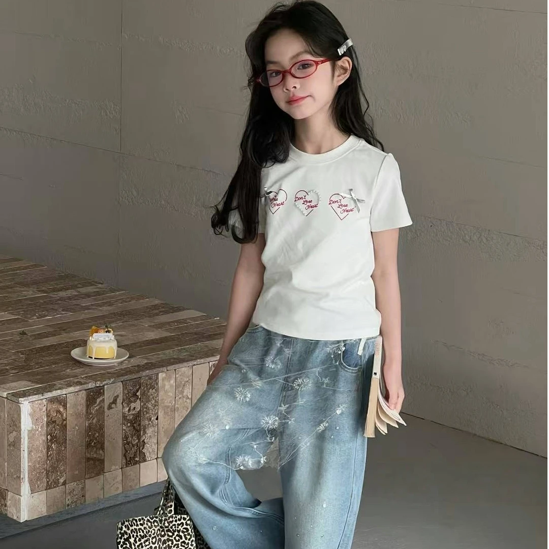 熙爱2025春夏新款女童韩版圆领爱心气质时尚短袖T恤上衣25879