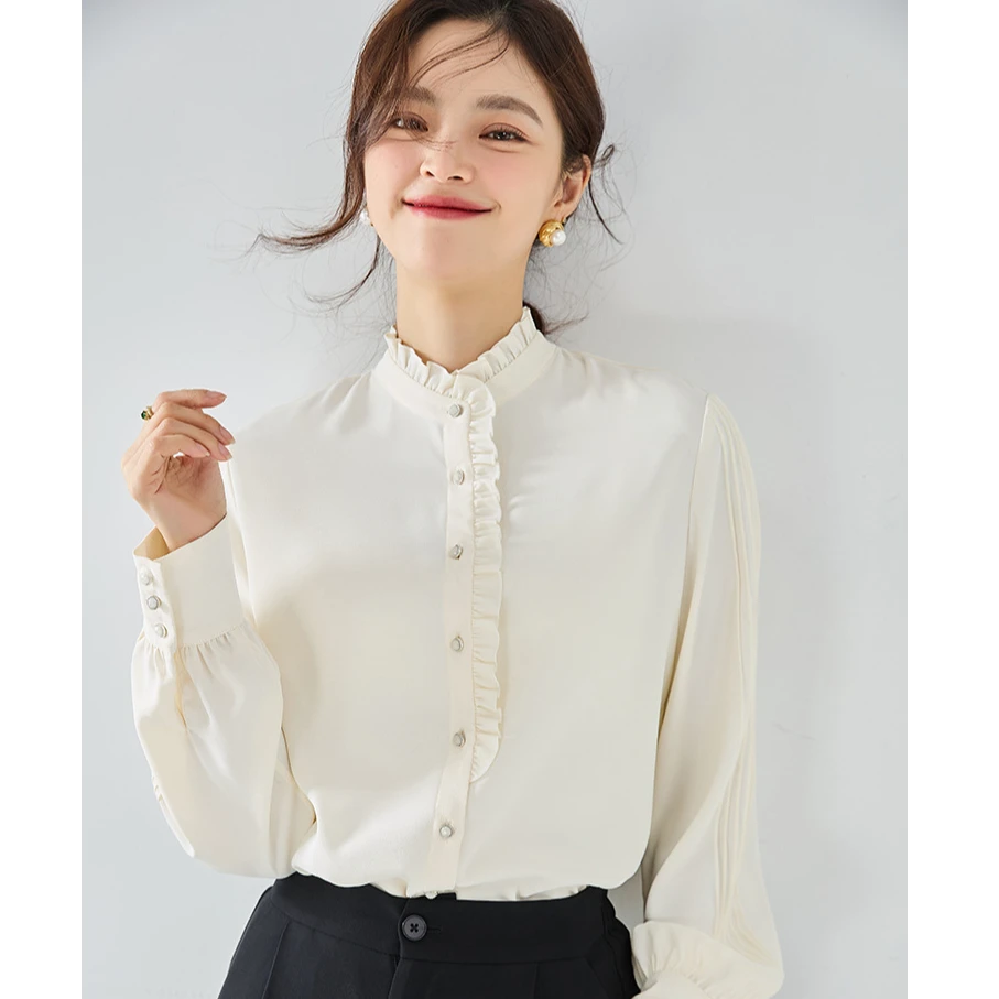 【盛宏】新款优雅法式雪纺衬衫高级通勤气质木耳边领白色上衣15407