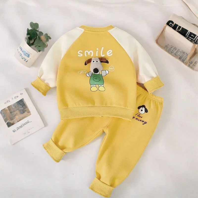 新款春秋宝宝儿童分体套装套装立体小狗套装外出单层春秋套装