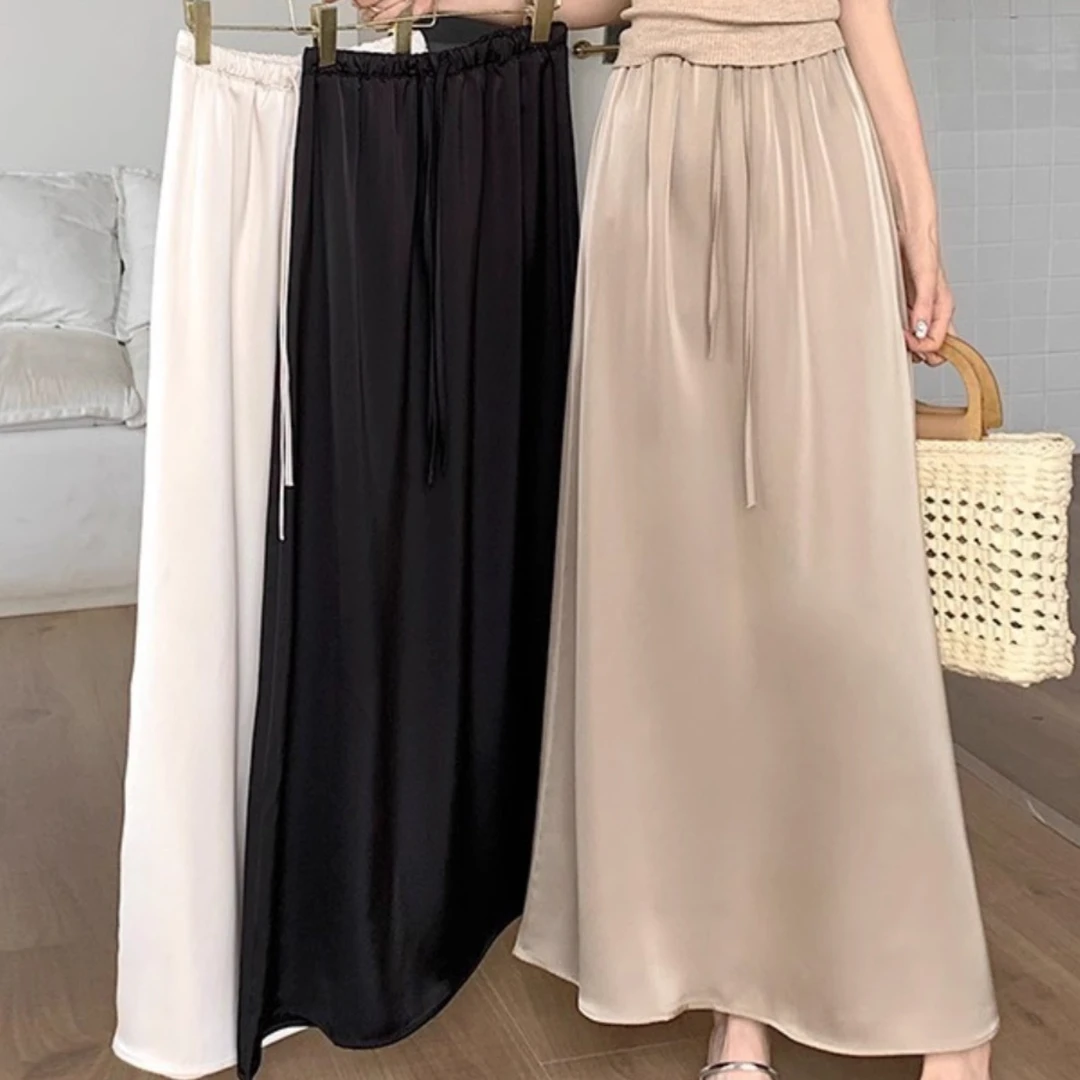 2025夏季醋酸缎面半身裙女长款a字裙胖mm300斤高腰遮跨大摆伞长裙