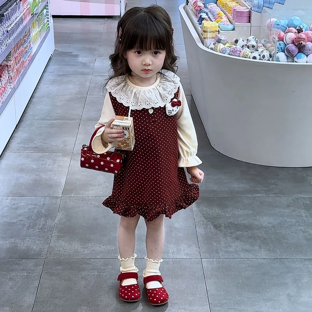 女童秋季新款套装洋气女宝宝波点吊带裙花边领打底衫两件套