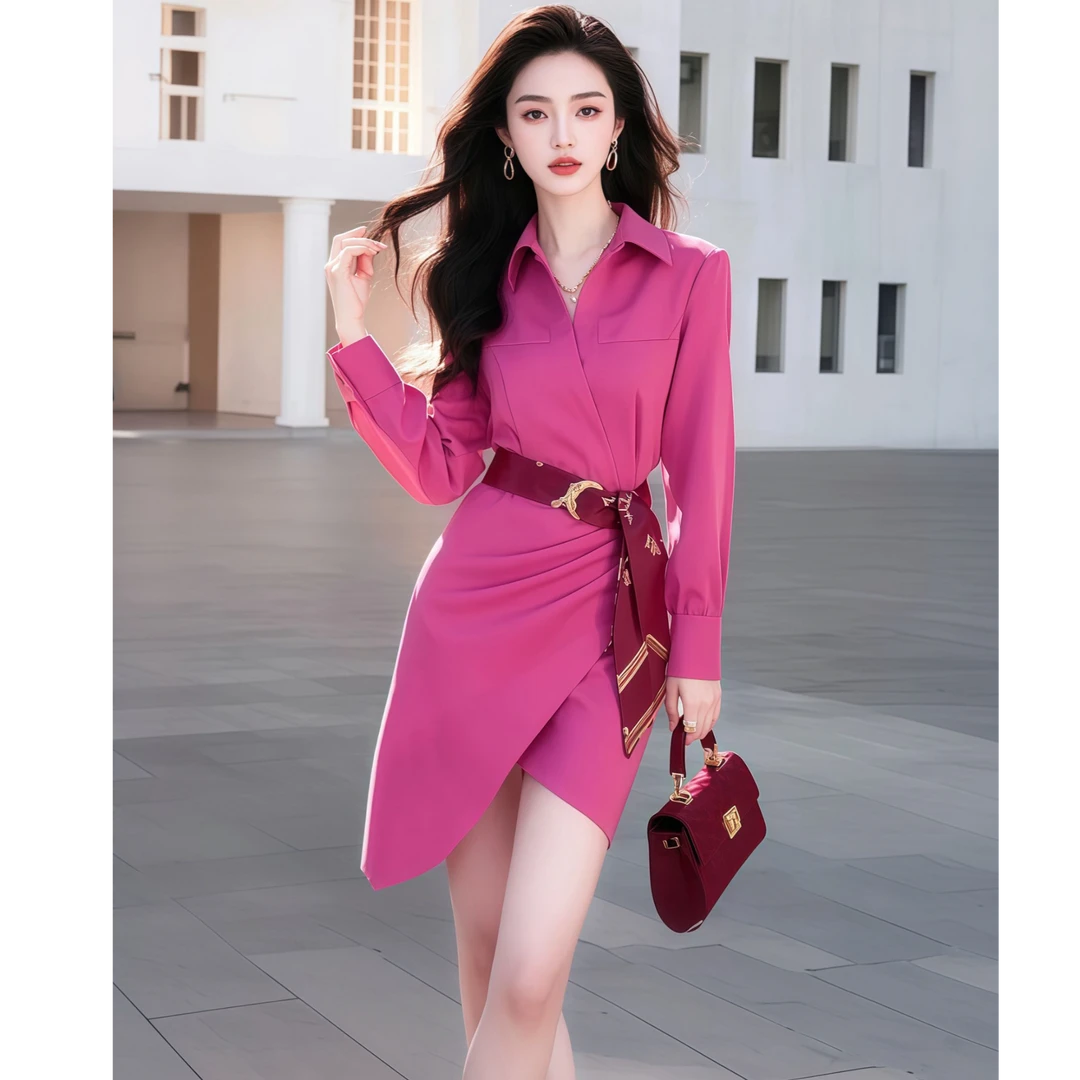 早春风情万种女神范气质高级感气场强大小个子收腰显瘦衬衫连衣裙