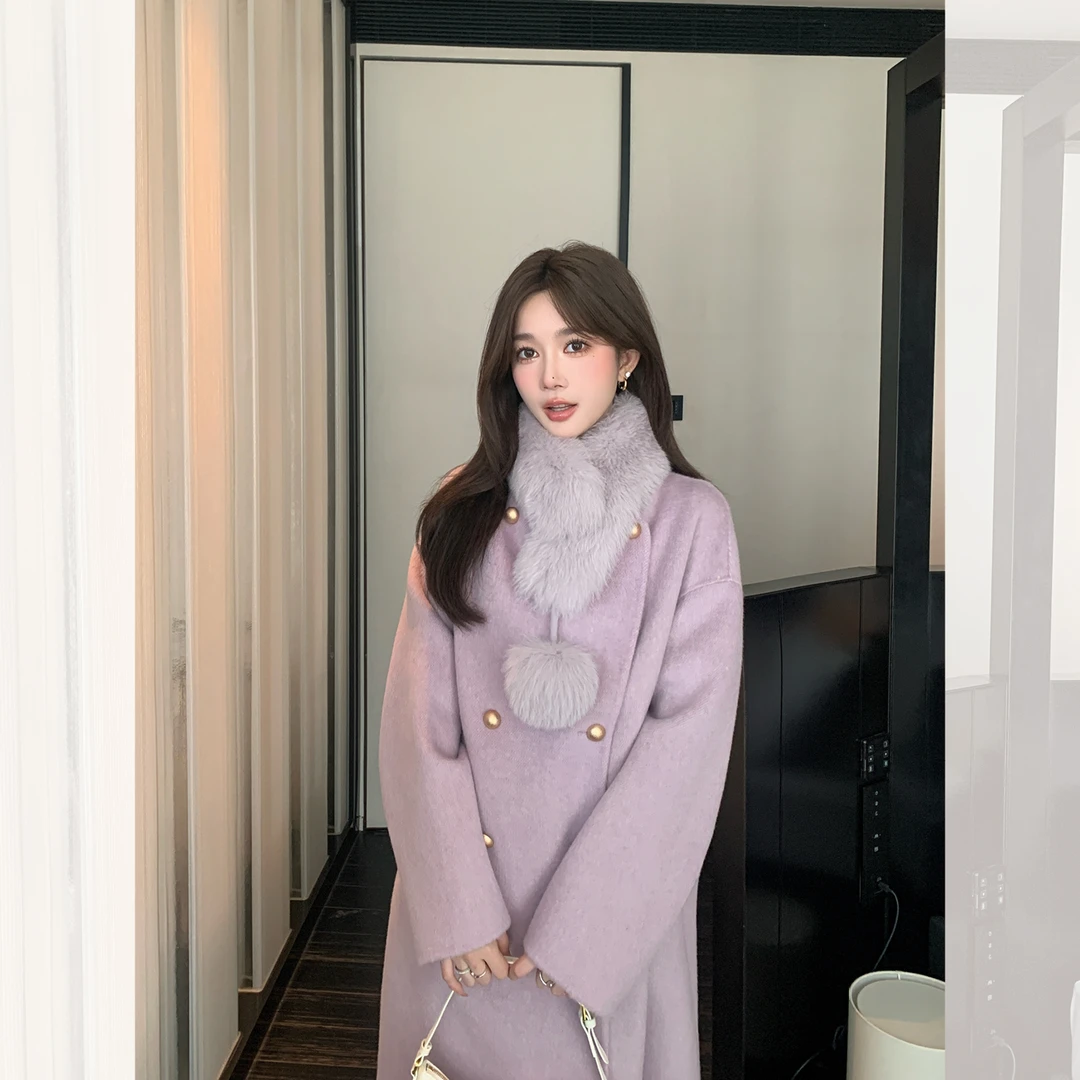 大娇「薇薇安」浅紫色狐狸毛韩版羊毛骆驼绒混纺长款毛呢大衣秋冬