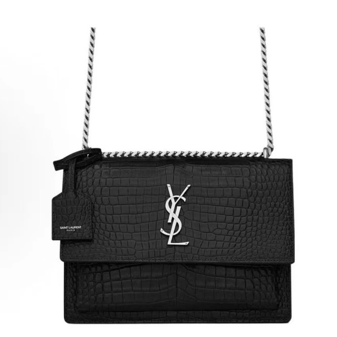 99新 YSL/圣罗兰 黑色银标Logo鳄鱼压纹链条斜挎单肩包