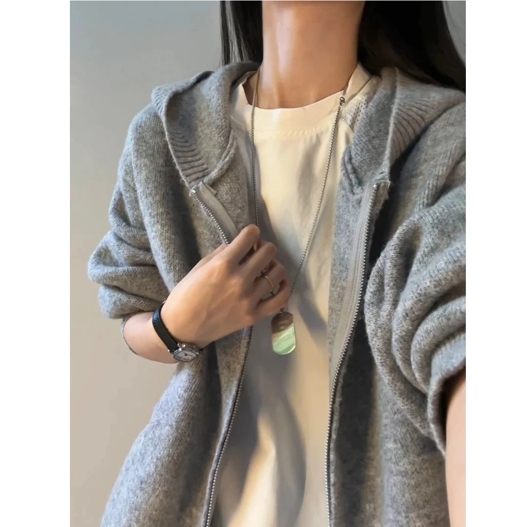 灰色美式复古连帽针织衫男女款秋季慵懒风开衫毛衣高级感卫衣外套