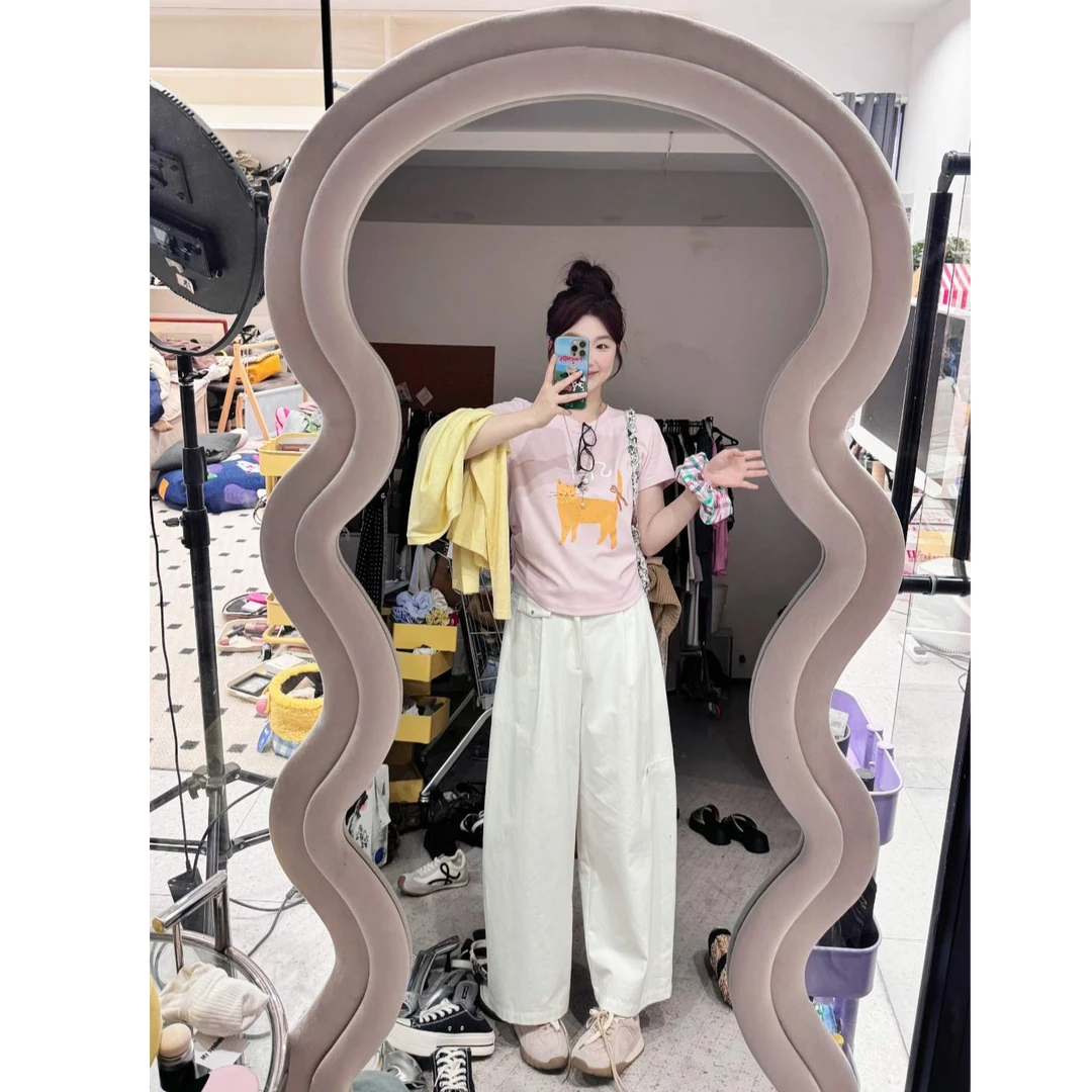 【橘猫T】腰侧捏褶橘猫图案圆领短袖T恤上衣显瘦时尚夏季