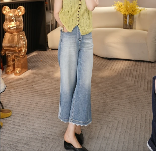 JIUER欧洲站春夏高腰显瘦 翻裤脚蕾丝时尚百搭女士673