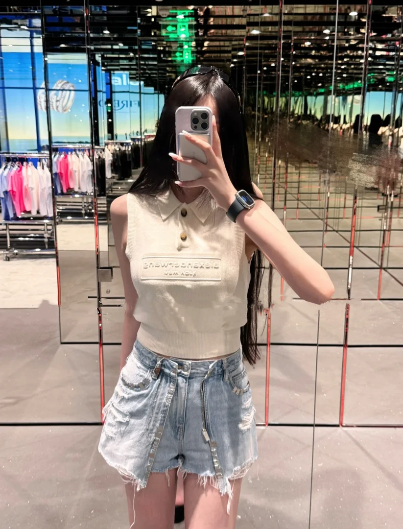 GXW2025SS 设计感破洞金属饰件双层牛仔裤裙