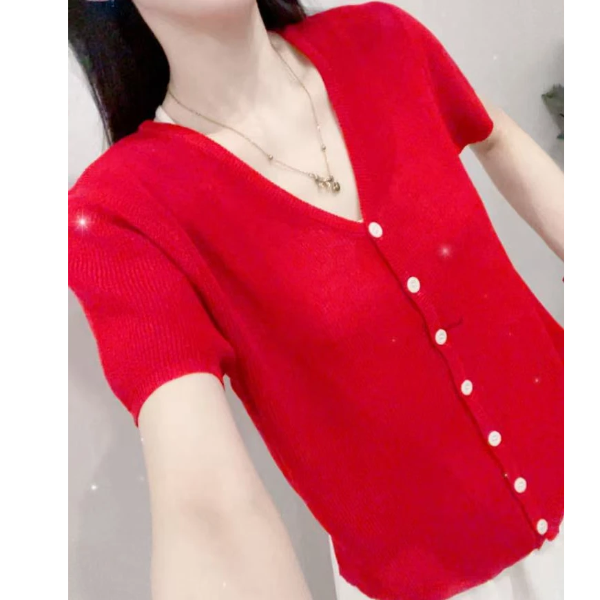 296F夏季短袖休闲风短款V领后背绳子毛针织衫开衫纯色上衣修身