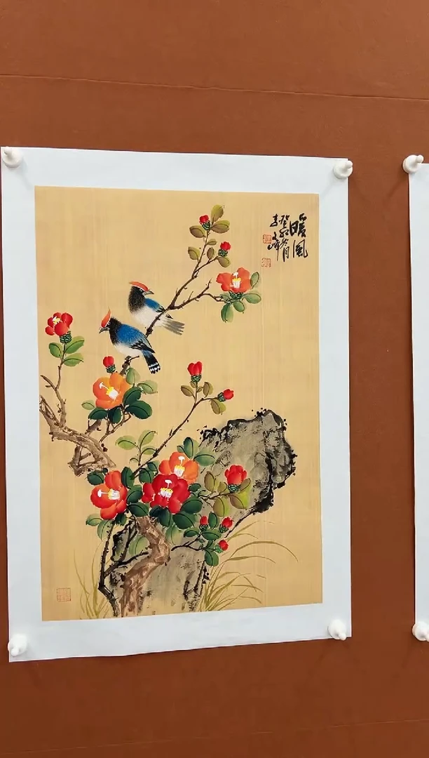 国画李文峰四尺三开仿古花鸟