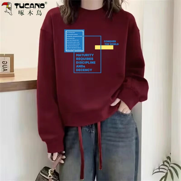 啄木鳥纯棉加绒加厚长袖卫衣t恤女冬季新款时尚百搭上衣保暖减龄