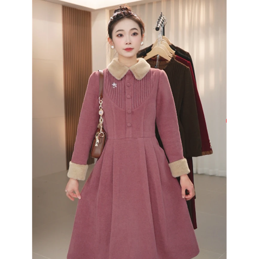 Y119粉红色新款女装连衣裙气质长袖秋季时尚中长款裙子