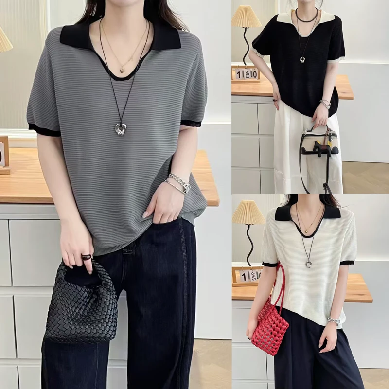 透气拼接常规款夏季翻领短袖针织衫T恤polo衫显瘦洋气女装2616