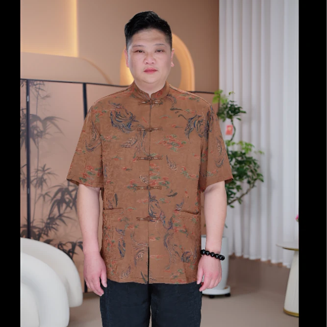 大码男士香云纱唐装短袖夏季新款真丝桑蚕丝盘扣上衣中式国风衬衫