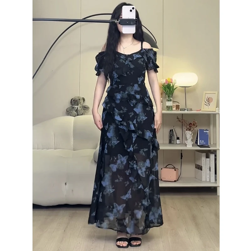 清冷感不规则荷叶边蝴蝶印花连衣裙女2025年夏季新款气质显瘦长裙