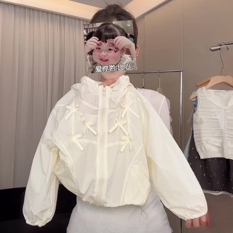女童防晒衣夏季2025新款儿童洋气蝴蝶结连帽外套小女孩休闲上衣潮
