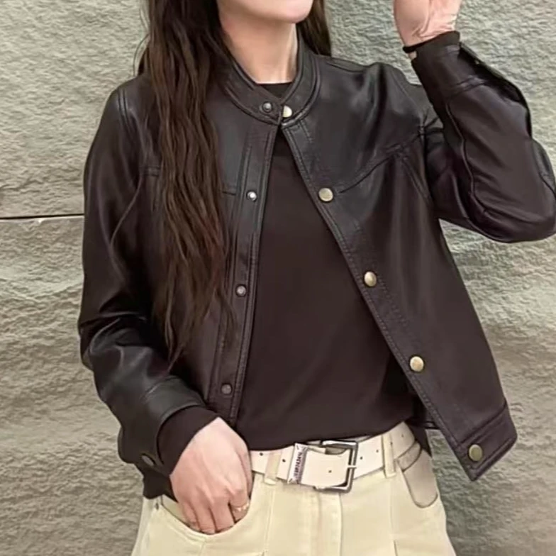 （随性时光）2025年复古潮流立领皮衣外套机车夹克外套5829春款短款
