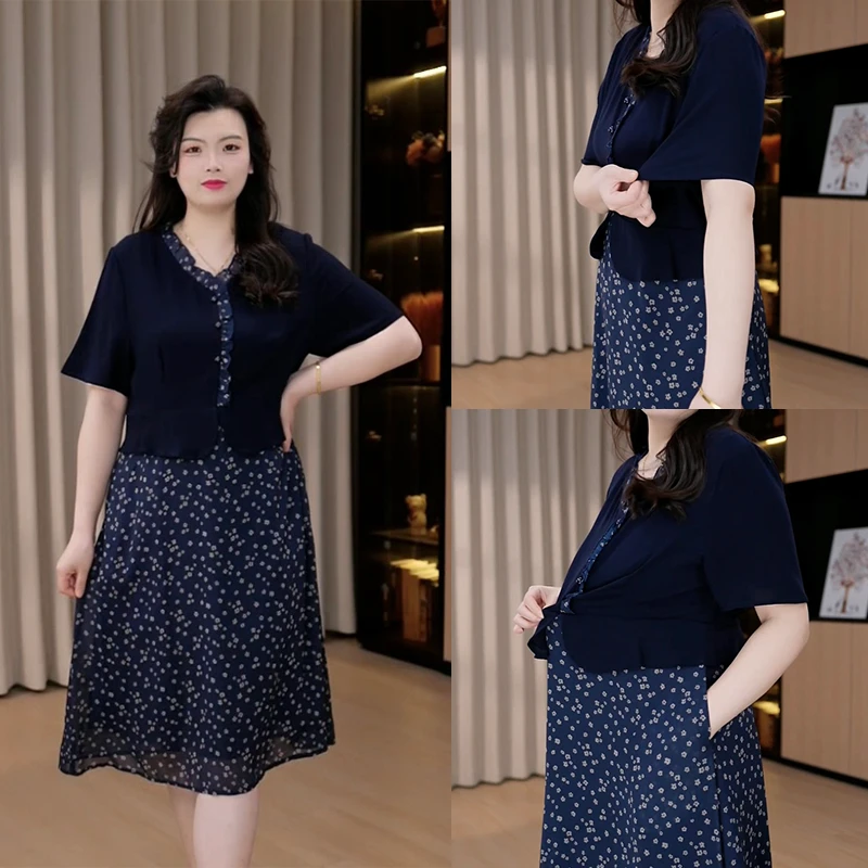 胖依依大码女装碎花假两件气质减龄时尚洋气遮肉显瘦连衣裙240555