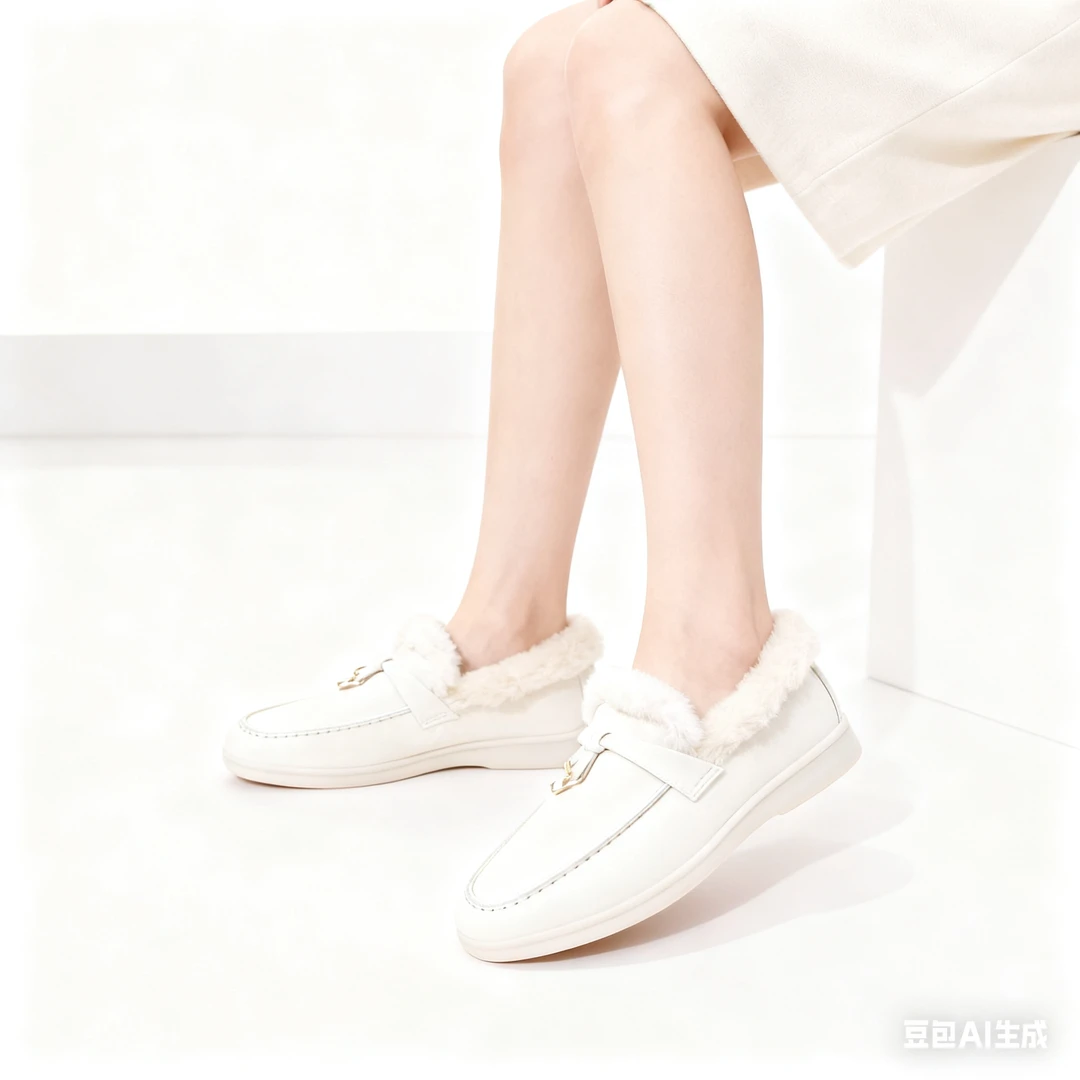 牛反绒乐福鞋女流苏扣休闲平底豆豆鞋羊毛保暖真皮低帮鞋