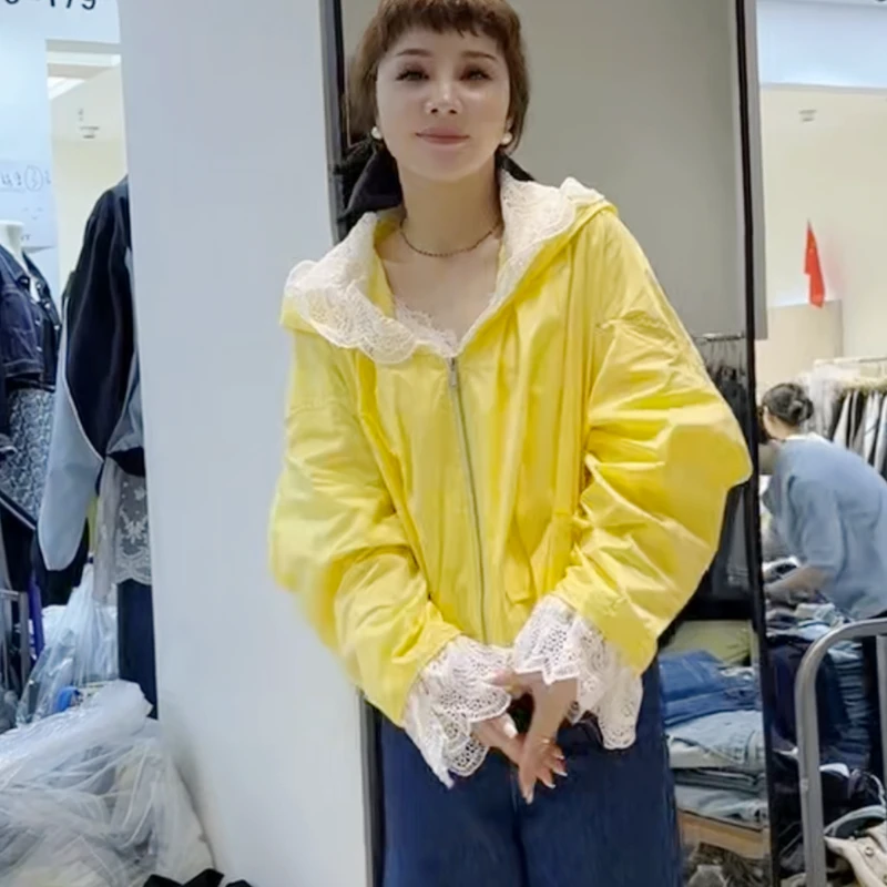 欧洲站欧货大爆款蕾丝连帽短外套女洋气拉链小口袋拼接设计防晒衣