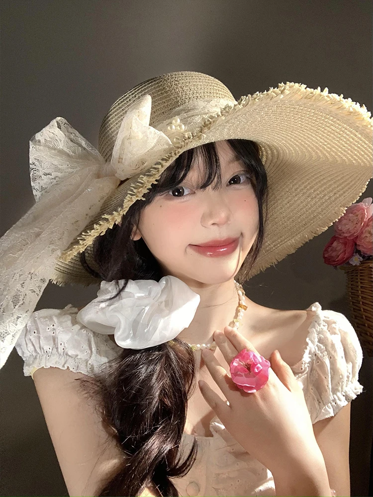蕾丝蝴蝶结草帽女夏季法式大帽檐遮阳防晒帽海边沙滩度假太阳帽子