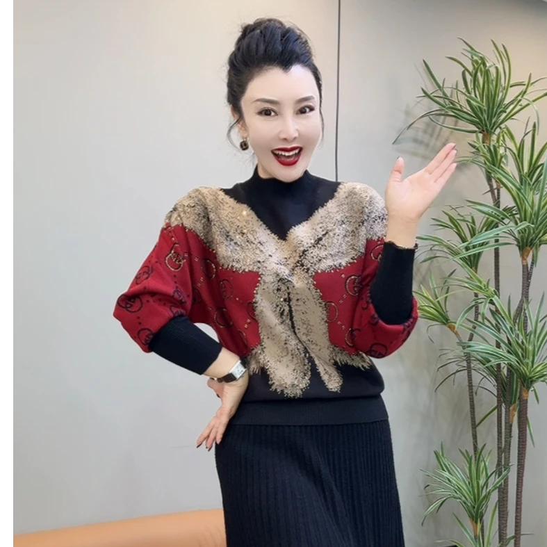 639蝙蝠衫上衣修身型烫钻衫气质不缩水针织网红保暖百搭针织打底