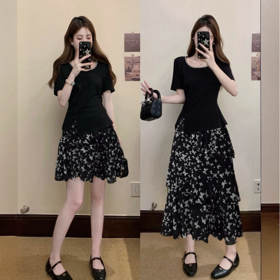 大码夏季新款时尚套装女胖MM甜美显瘦短袖上衣碎花半身裙子两件套