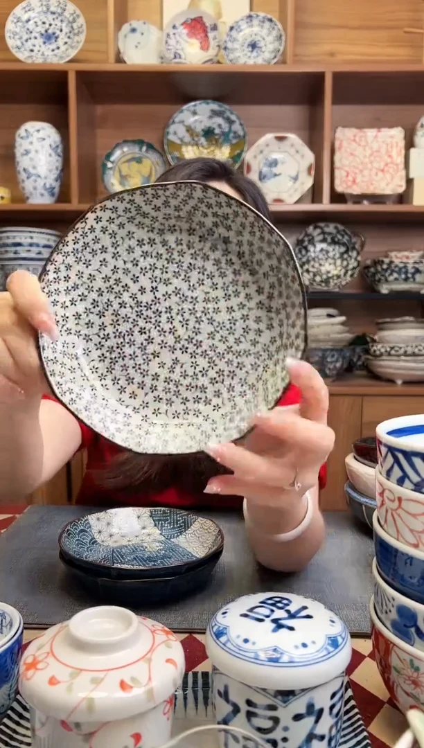 瓷片古染16cm轮花深盘 小菊
