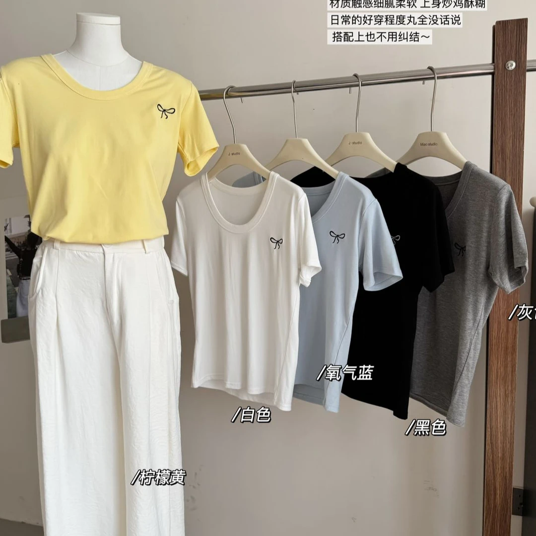 法式气质简约刺绣蝴蝶结鹅蛋领设计感短袖T恤h5537