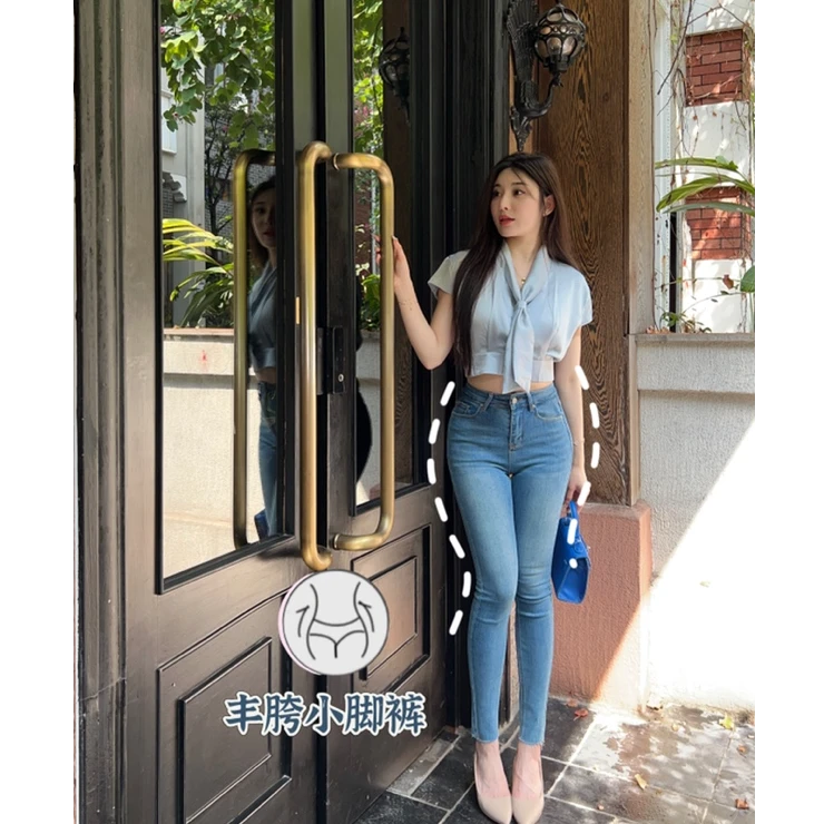 希野逸儿/韩漫身材韩国辣妹显臀丰胯高腰显高显瘦紧身小脚牛仔裤