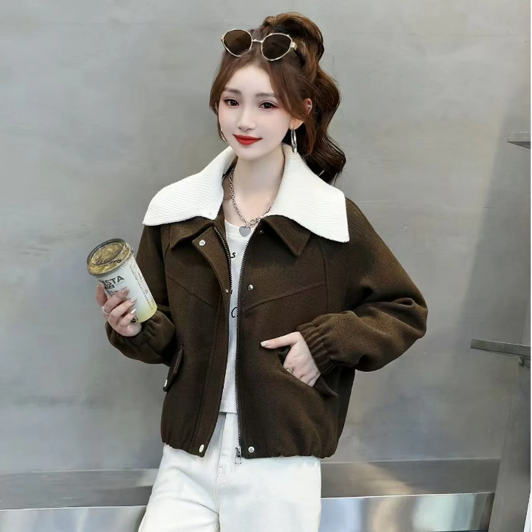 翻领厚款女棉衣女士羊毛呢短棉服上衣女士洋气韩版秋冬短款气质