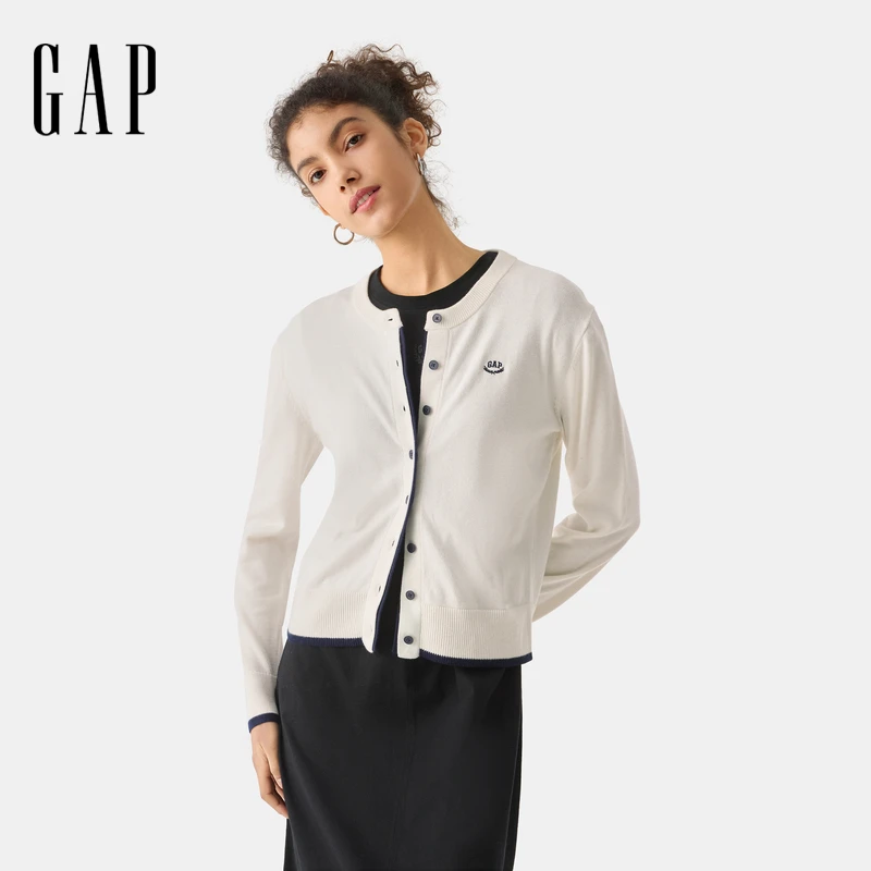 【成毅代言】GAP女休闲25秋刺绣logo撞色圆领针织衫毛衣760791