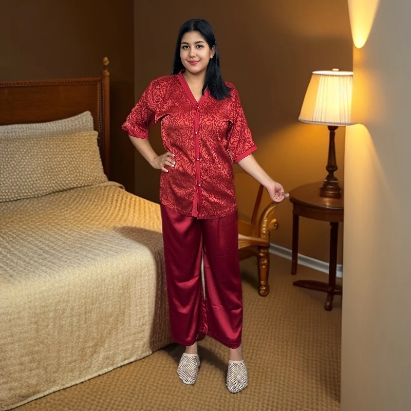 16红色碎花V领短袖长裤新款家居服