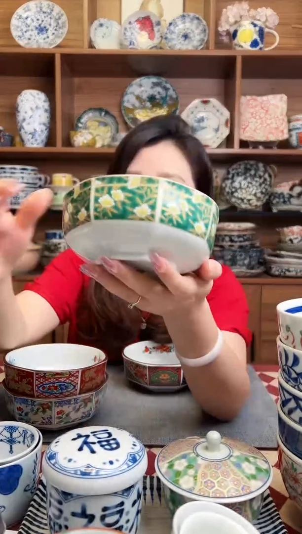 瓷片绿彩黄牡丹 13.5cm八角碗