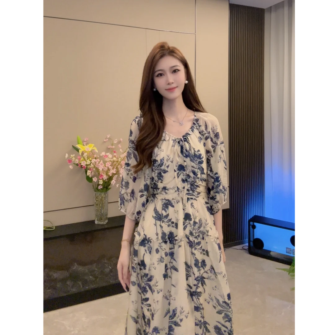 鹿百万设计款 国风印花中式甜美七分袖法式温柔风收腰连衣裙