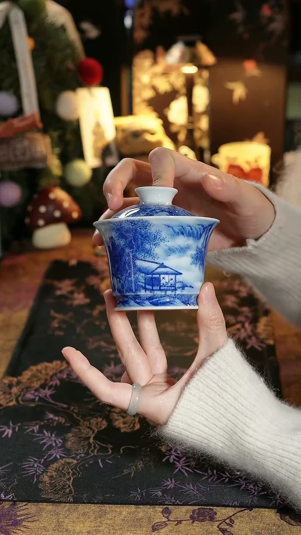 山人写墨 山水马蹄盖碗