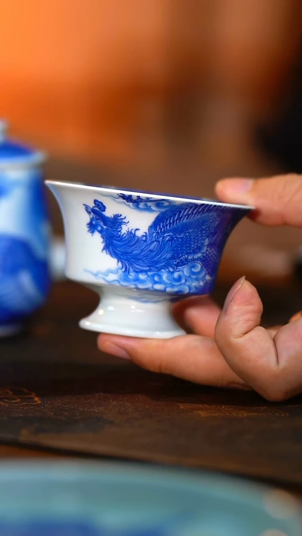 【含月阁】青花凤凰高足杯