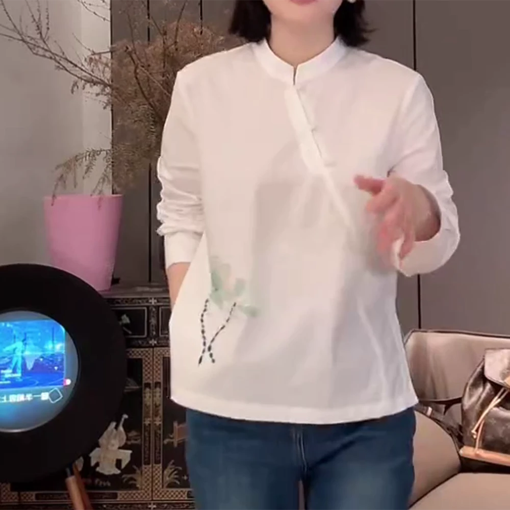 新中式中国风轻奢百搭纯白色长袖内搭衬衫C6277