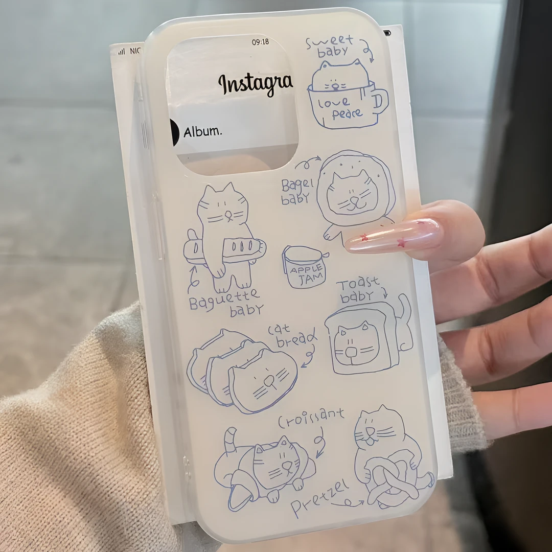 蓝线条吐司猫咪IMD大孔适用苹果16pro手机壳iphone15华为小米15新