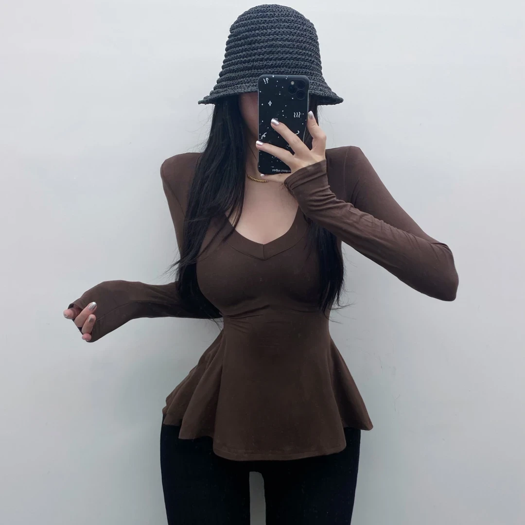 【6-8运补】早秋辣妹长袖荷叶边下摆V领T恤收腰百搭上衣女+白色圆领