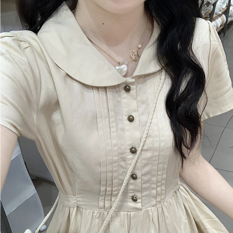 新款娃娃领气质文艺痳棉短袖连衣裙复古温柔甜美显瘦设计感裙子