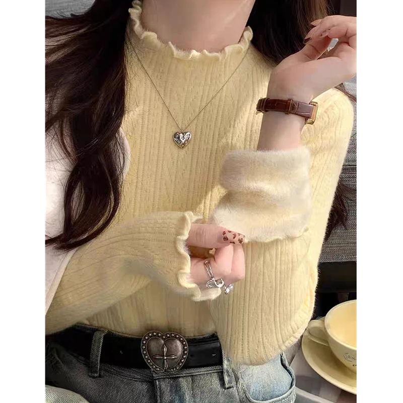 黄色半高领毛衣女士秋冬内搭冬季加绒加厚打底衫一体绒木耳边上衣