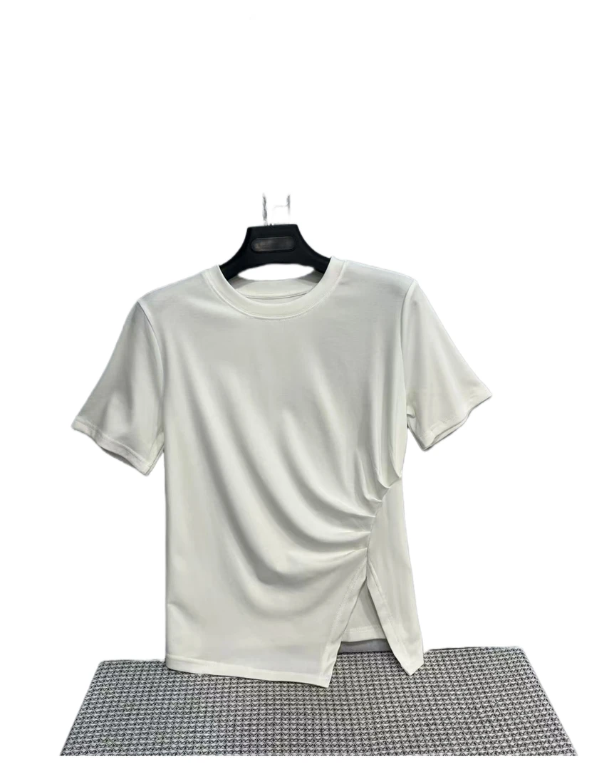 6525  纯色  光板  腰间褶皱  简约  休闲  T恤