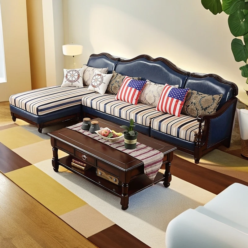 美式仿古罗马柱L型客厅实木皮质布艺带抱枕带茶几卧躺式转角沙发