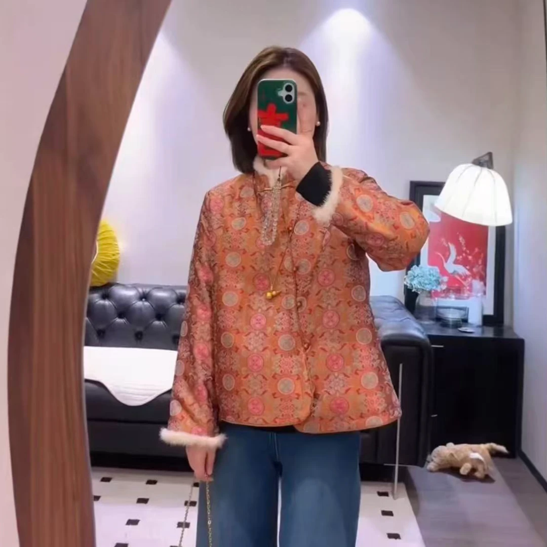 【金玉福缘】新中式秋冬人丝提花斜襟夹棉棉服外套女装