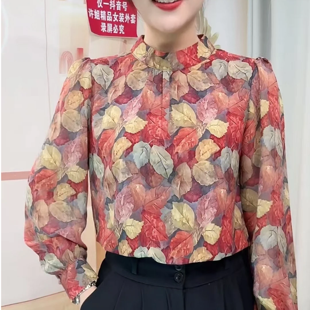 X8821时尚印花长袖小衫女2025夏季新款遮肉轻薄透气衬衫上衣女