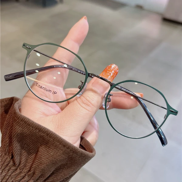 恩培眼镜9077绿色超轻纯钛小框近视眼镜女可配度数