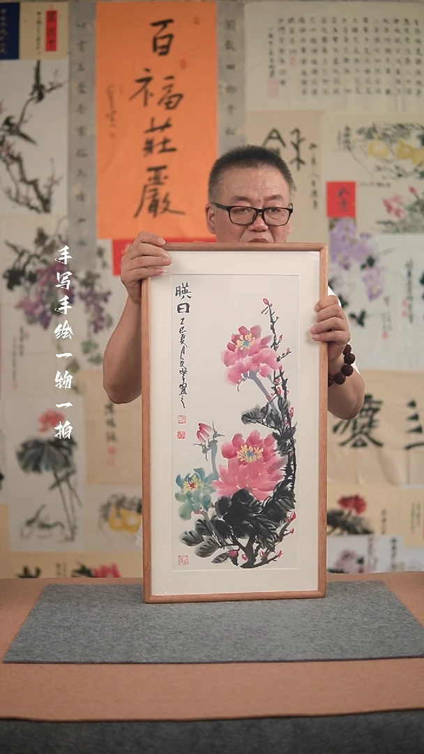 国画手绘-36*69实木框花鸟